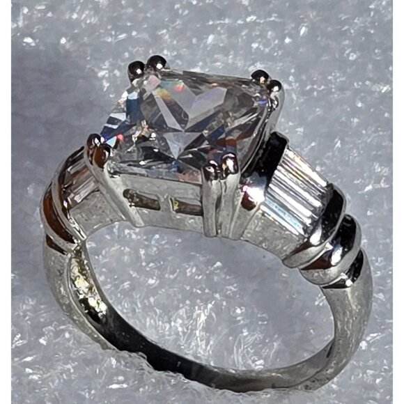 Square-Cut CZ Sterling Silver Ring With Baguette Accents Marked 925 Signed DBJ - Picture 2 of 9